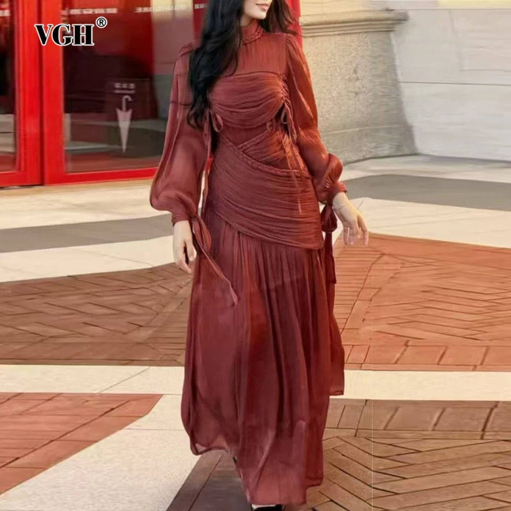 

VGH Luxurious Prom Performance Dress for Women Stand Collar Long Sleeve Slimming Patchwork Lace Up Dresses Female Autumn Style