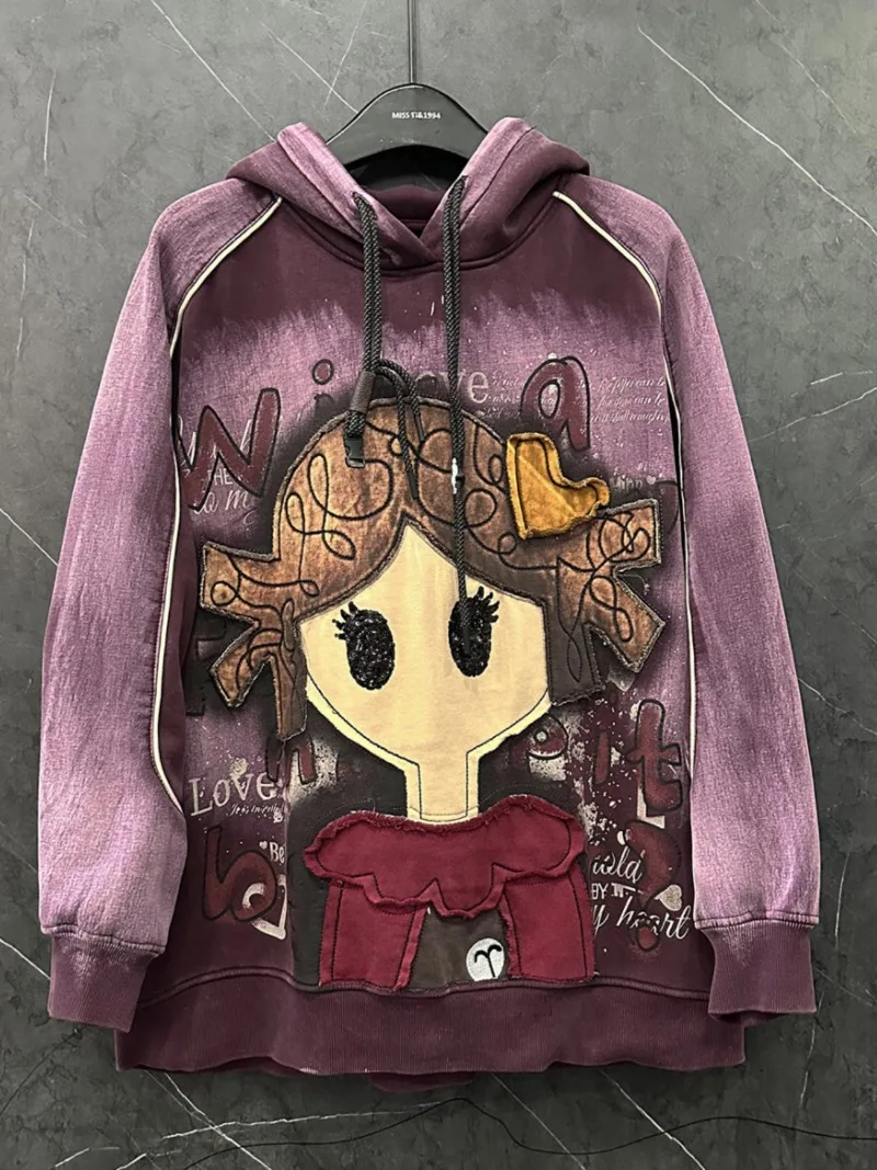 Otoño Invierno diseño Sense industria pesada parche de dibujos animados bordado niña polar sudaderas con capucha mujer suelta dulce Top