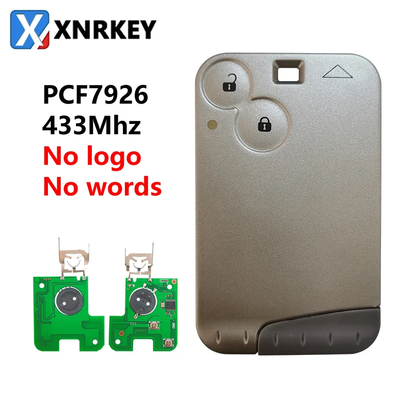 

XNRKEY 2 Button Smart Key Card PCF7926 Chip 433Mhz for Renault Laguna Remote Car Key Without Logo Without Words Grey Blade