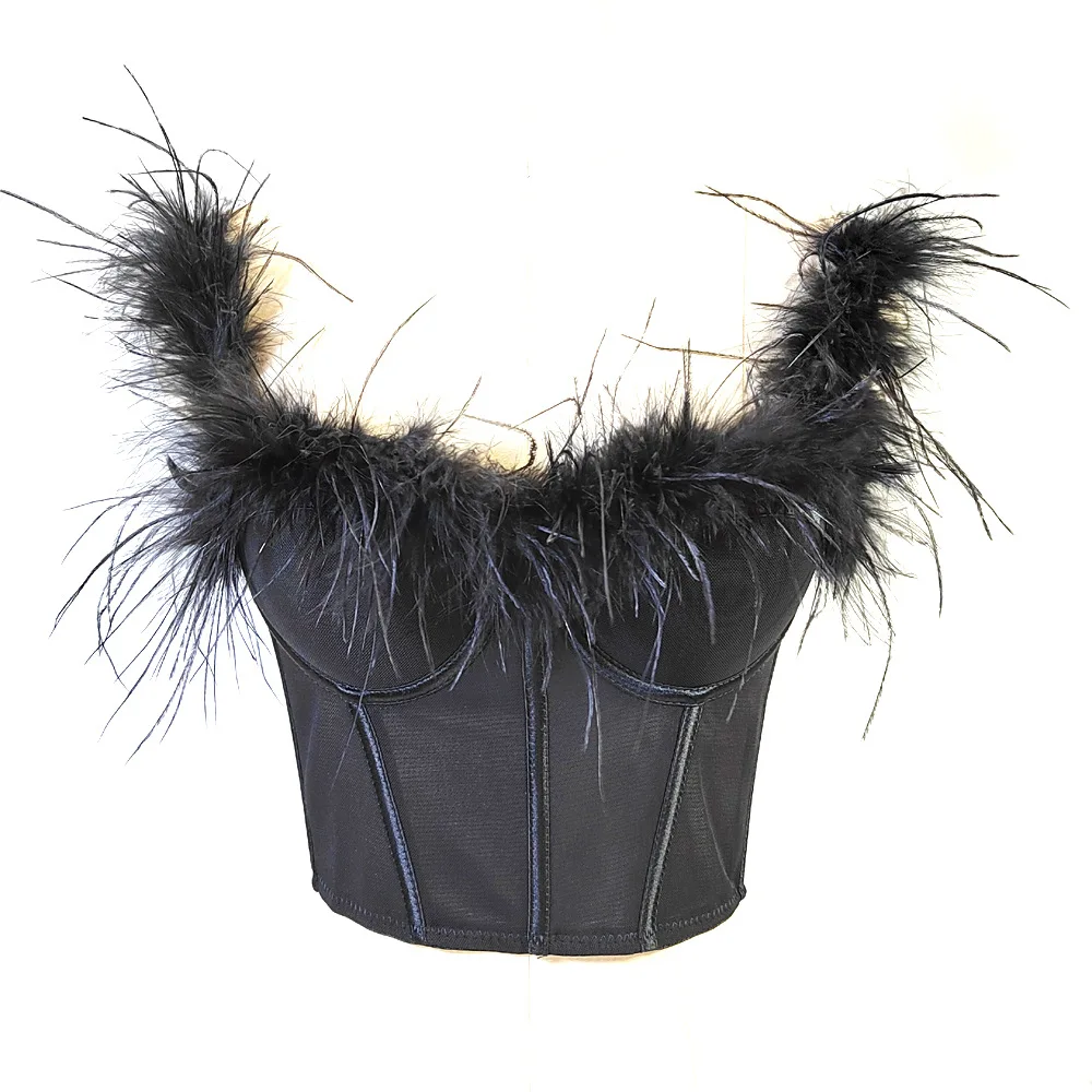 Elegant Feather Decoration Women Corset Sexy Ladies Premium Quality Bustier Cropped Top Girls Slim Shaping Club Party Camis