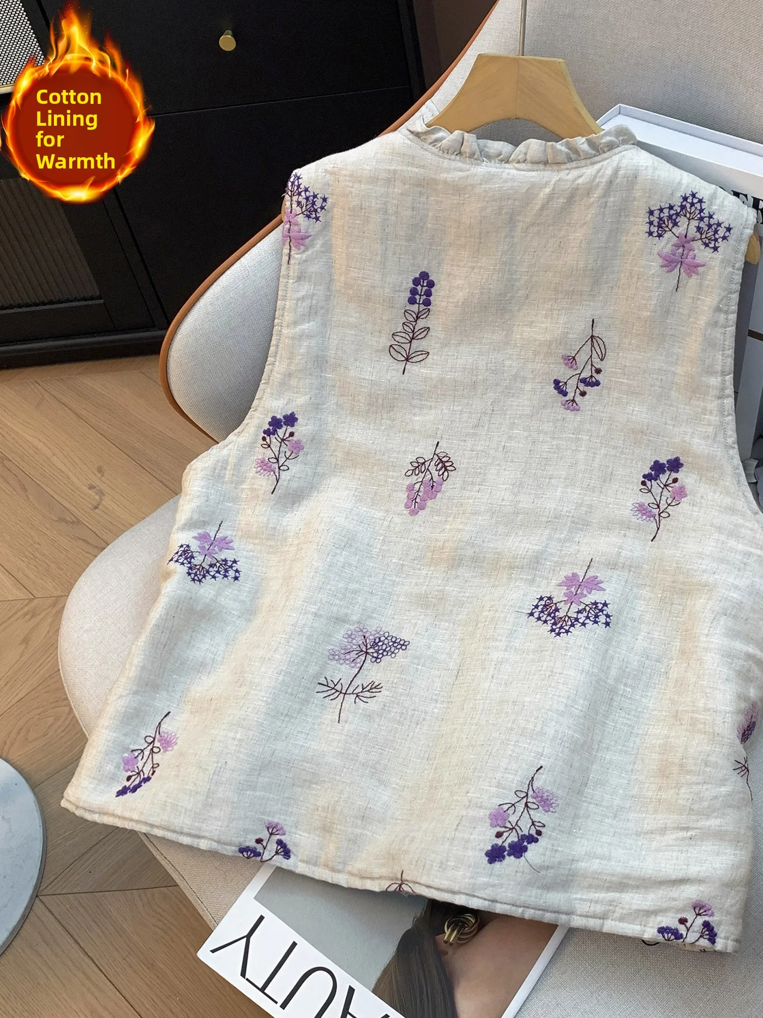 Warmth Women's Linen Purple Flower Jacket Cotton Vest Thickened Artistic Style Outerwear Collar with Wood Grain 