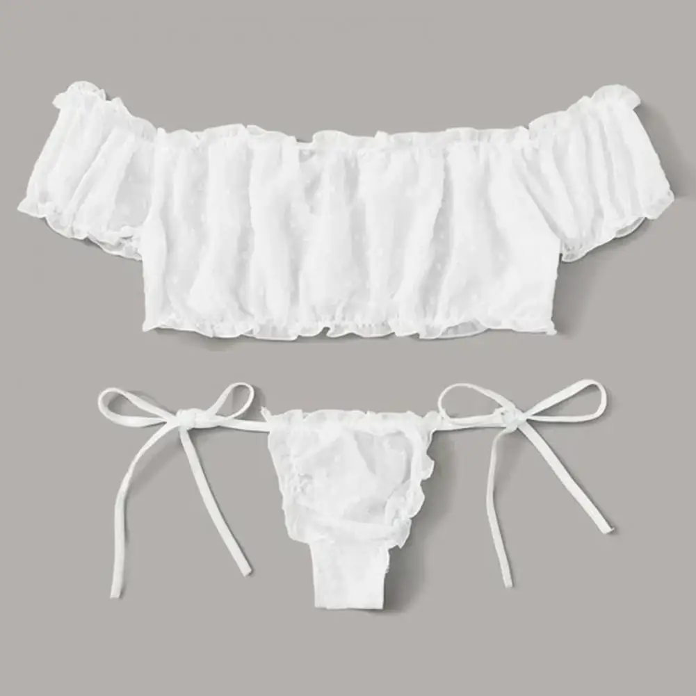Women Side TieBra Briefs Set Jacquard Lace Bowknot Short Sleeve Bra Low-rise Lace Thong Set Sweet Style Women Bra Briefs Set image 4