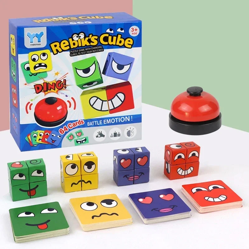 Bloques de construcción de emoticono de cubo de cambio de cara, rompecabezas de batalla, interacción entre padres e hijos, juego de mesa divertido,