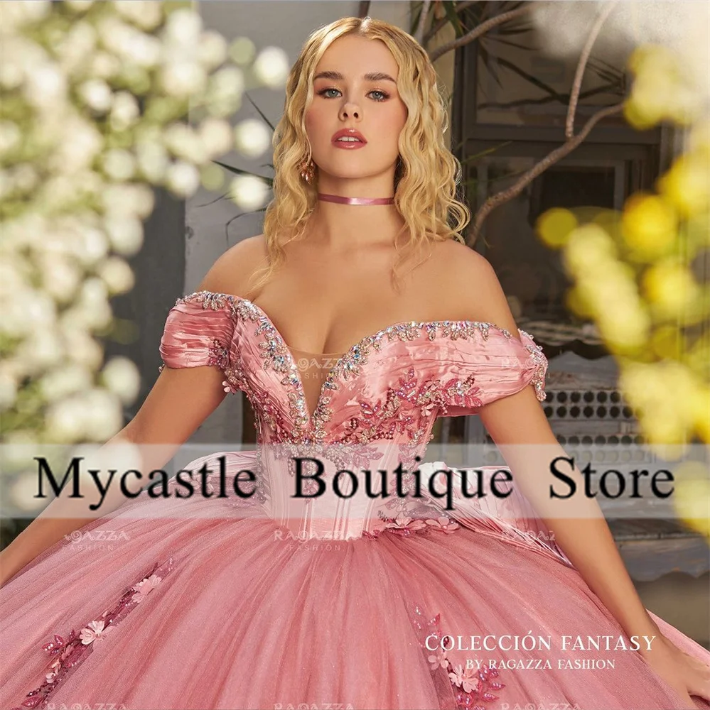 Robe de Quinceanera de luxe avec appliques en dentelle rose, robe de Rh, cristal perlé, Sweet 15, robe de princesse personnalisée, fête de remise des diplômes, 2024