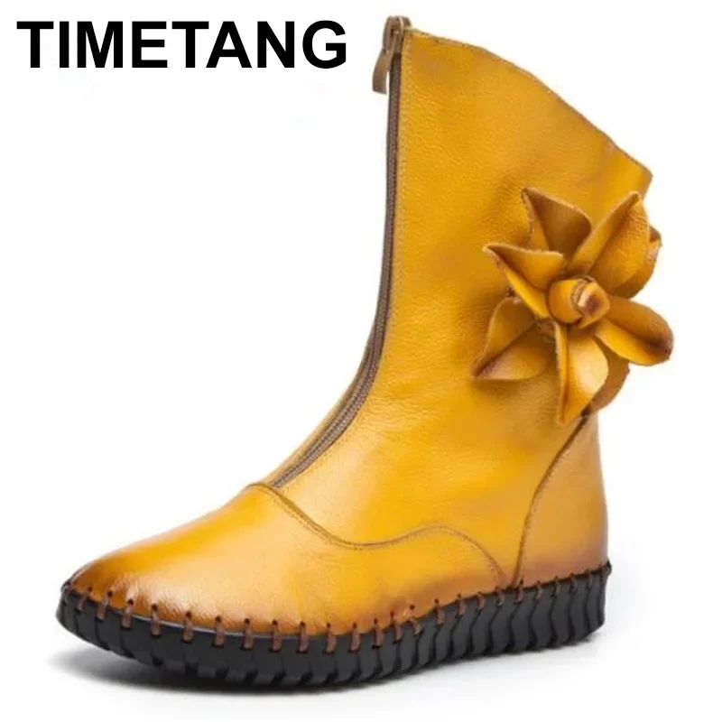 TIMETANG New Spring Front Zipper Hand-sewn Flowers Fashion Boots Soft Cow Leather Boots Flat Plus Velvet Fall Winter Boots Plus