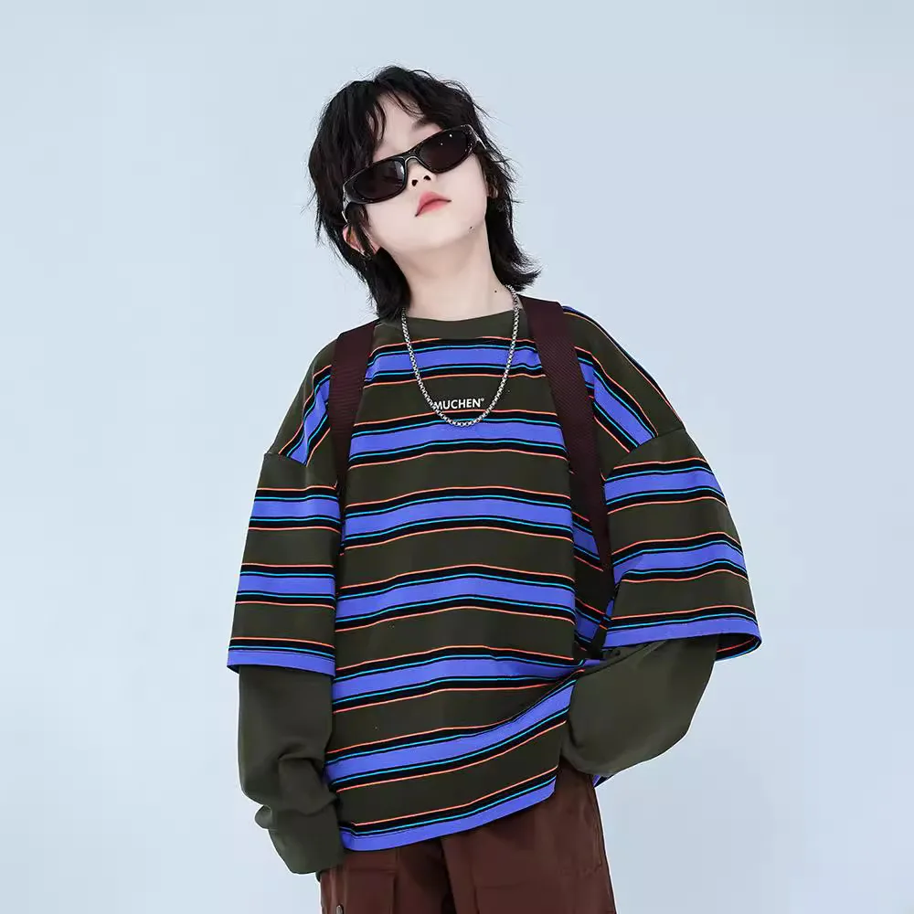 Top T-shirt Loose-fitting Long-sleeved Sweatshirt Round Neck Stripes Spring Autumn Boys Children New Fashionable