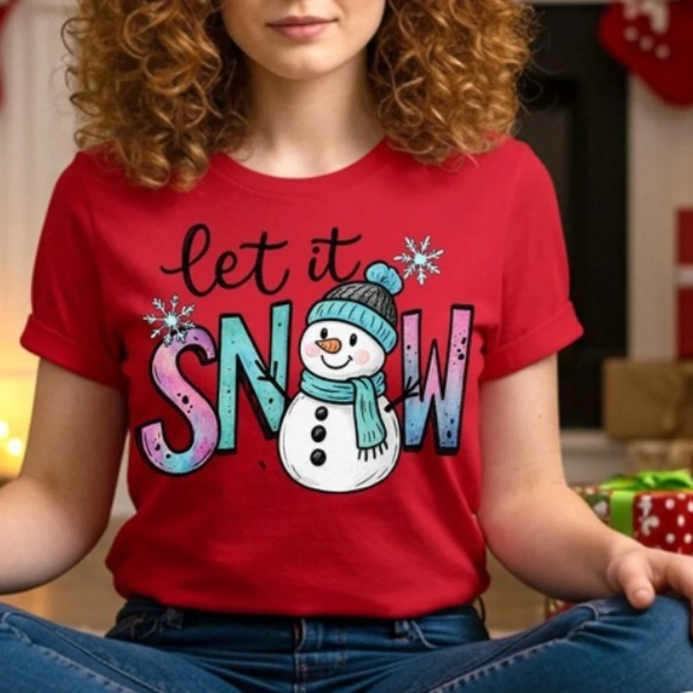 Let It Snow Tops Cute Snowman Winter Sublimation Design T Shirt Hand Drawn Christmas Snowflake Tops for Holiday Shirts