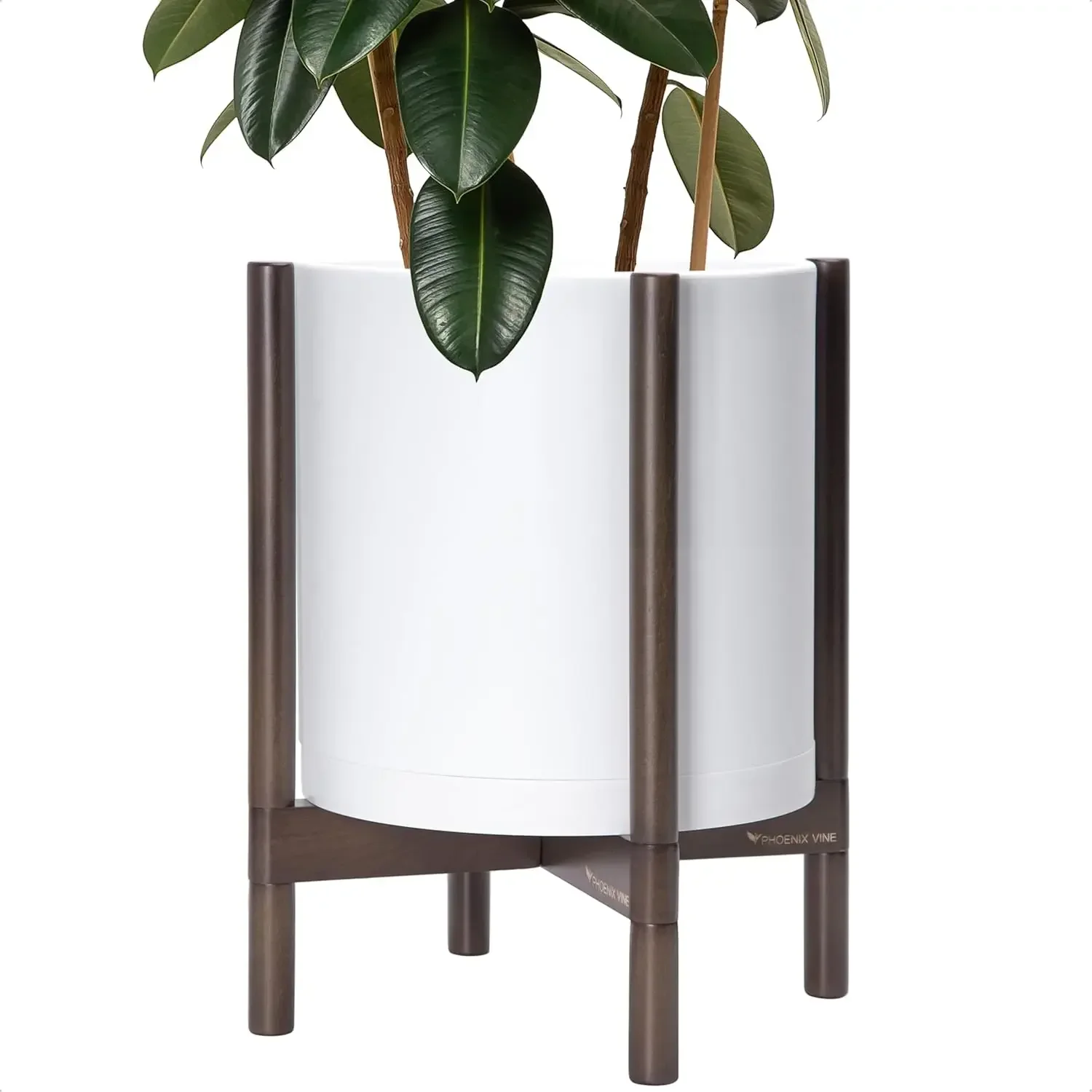 

D'vine Dev Planter Pot with Stand - 14 Inch Plastic Cylinder Flower Pot with Wood Planter Holder for Indoor, Matte White Pot + W