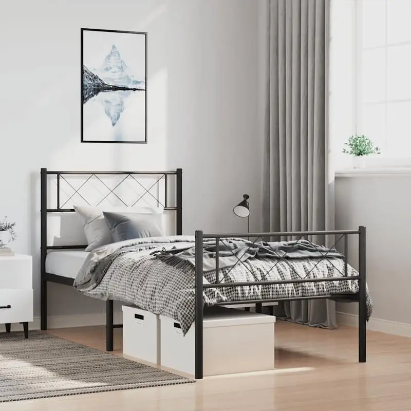 Cadre de lit métallique VidaXL 100 x 200 cm noir en acier thermolaqué résistant, sommier à lattes métalliques avec pieds centraux stables, soutien confortable du matelas, espace de rangement sous le lit