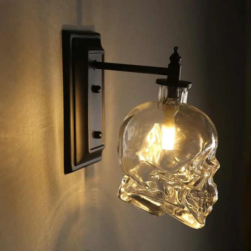 Retro Industrial Style Skull Head Wine Bottle Wall Lamp Pendant Light Personalized Creative Wall Lamp Coffee Shop Bedroom Lights