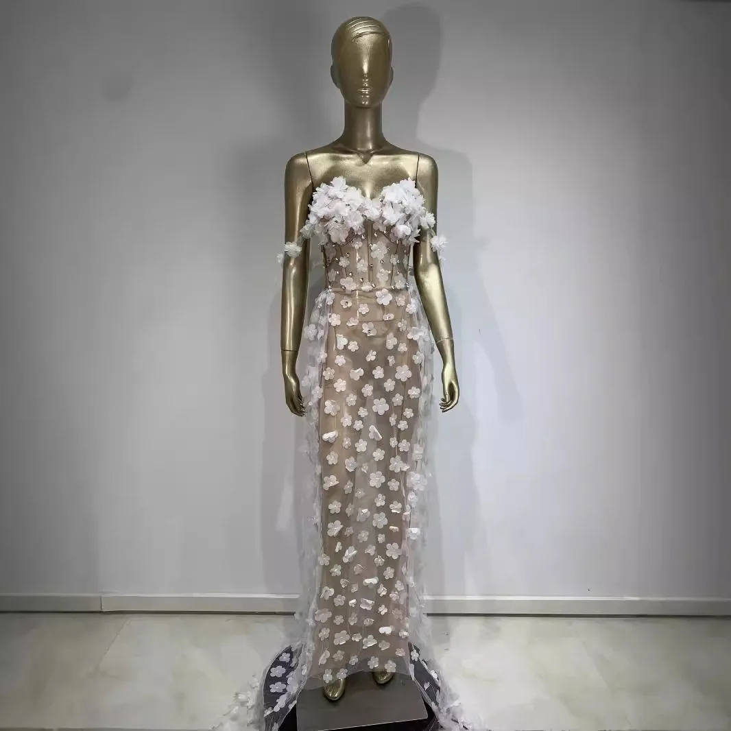 

Floral See-tough Skirt Long Sve High Waist Slim Fit Par Dr for Night Club Performance Transparent Me Gown