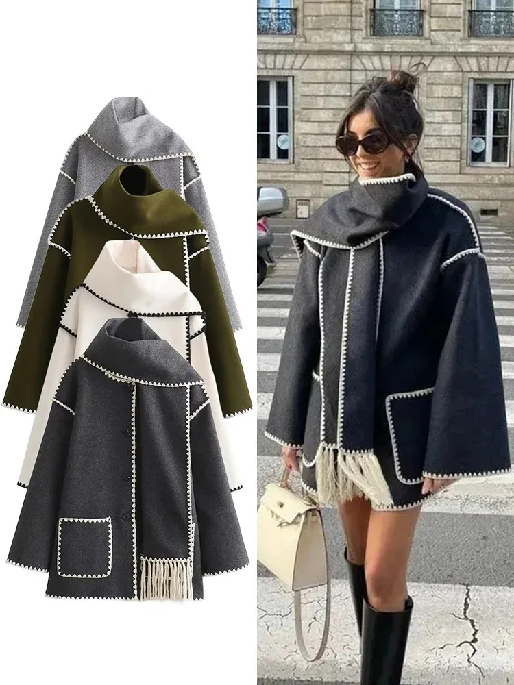 TRAF Women's Fashion Coat with Scarf Long Sleeve Pocket Button Coat Fall and Winter Cashmere Women's Coat Commuter Elegant Coat