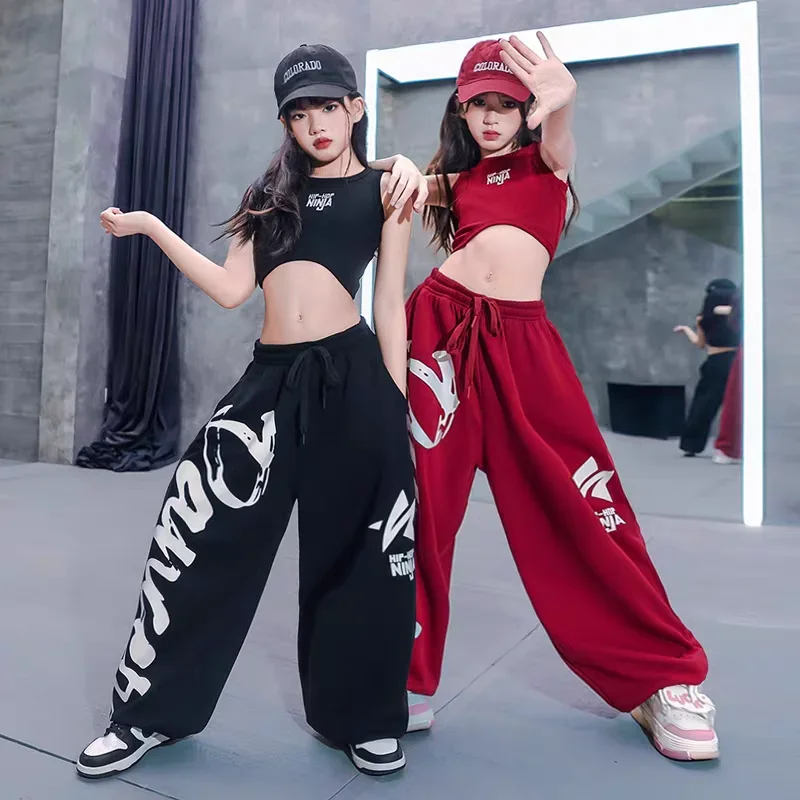 

New Girls Jazz Modern Dance Costumes Vest Loose Pants Suit Teenagers Kids Hip Hop Street Dance Performance Stage Rave Clothes