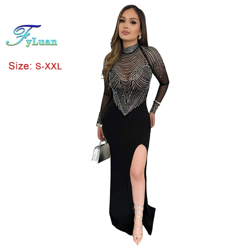 Vestido ajustado con dobladillo dividido para niña, vestido de ceremonia con cuello redondo, malla transparente, temperamento Sexy, batas de manga larga, trajes de vacaciones para fiesta de boda y Club