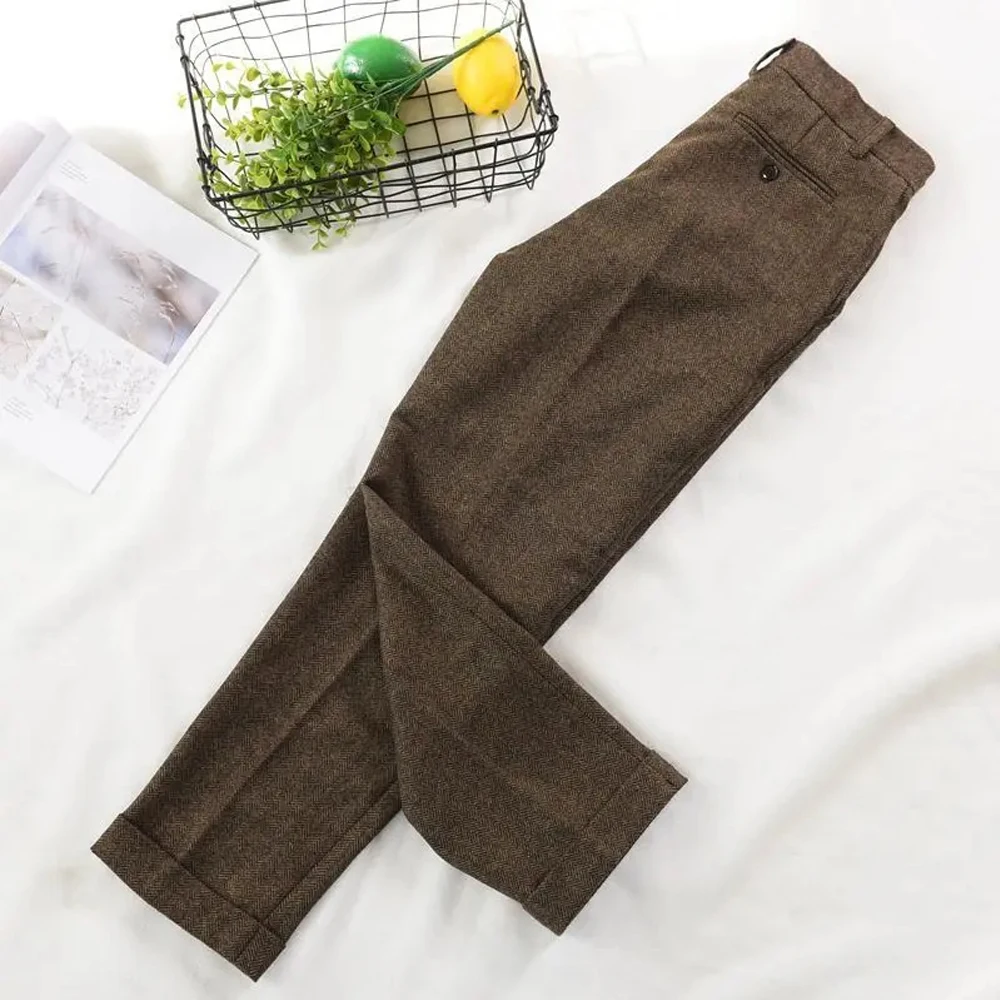 2023 Men Pants Autumn Winter Retro Wool Herringbone Business Casual Trousers Wear Pants Men Male Formal Tweed Straight Pants