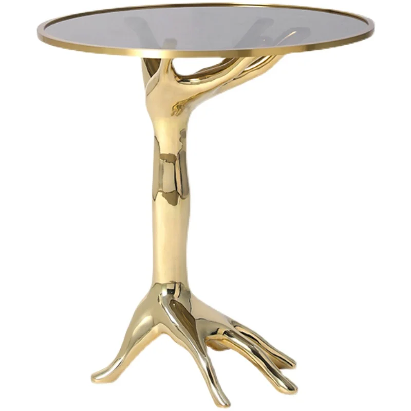 

Light Luxury Brass Palm Hand Shape Sofa Edge Small round Table Personality Creative