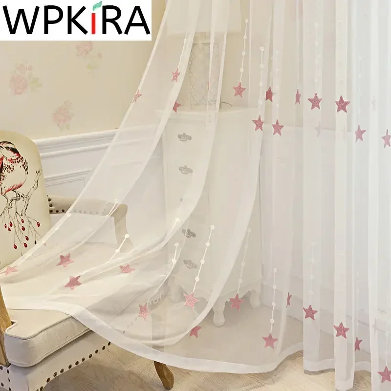 

Pink Embroidered Star Voile Curtain For Kid Girls Bedroom Sheer Curtain For Living room Kitchen Window Drapes Korean Tulle P3093