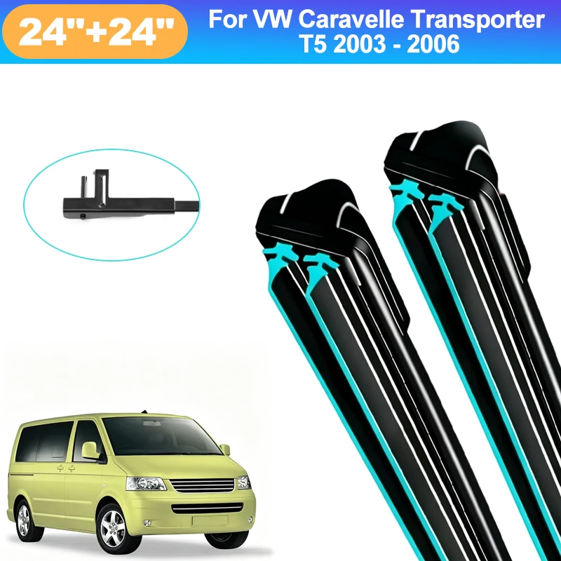 For VW Caravelle Transporter T5 2003-2006 24+24 Inch Front Wiper Blades Double Rubber Mute Windshield Windscreen Car Accessories