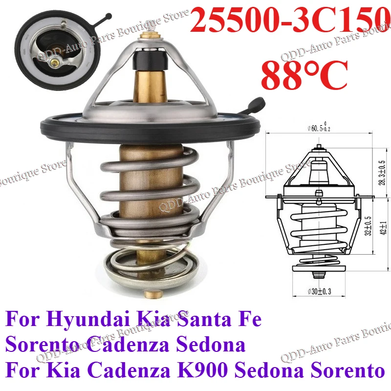 88℃ 25500-3C150 For Hyundai Kia Santa Fe XL Azera Genesis Sedona Cadenza K900 Sedona Sorento Engine Thermostat Cooling System