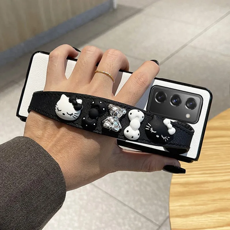 Cute Wrist strap PU Leather Phone Case For Samsung Galaxy Z Fold 3 2 Wristband Cover for Galaxy ZFold 5 4 Z Fold 7 6 Funda Coque