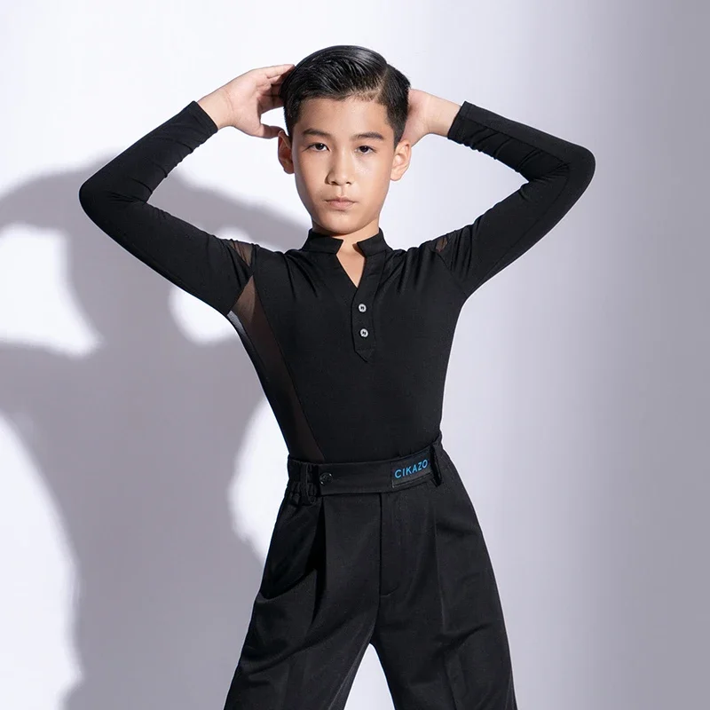 Kids Boys Latin Dance Clothes Mesh Long Sleeve Male Professional Latino Dance Competition Tops Cha Cha Ballroom Dancewear G5103