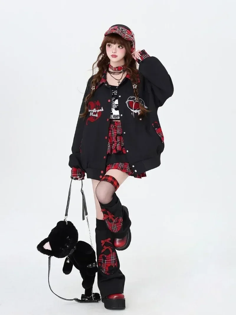 Autumn Winter Punk Harajuku Coats American Vintage All Match Casual Commuter Loose Jackets Constrast Color Japan Print Clothing