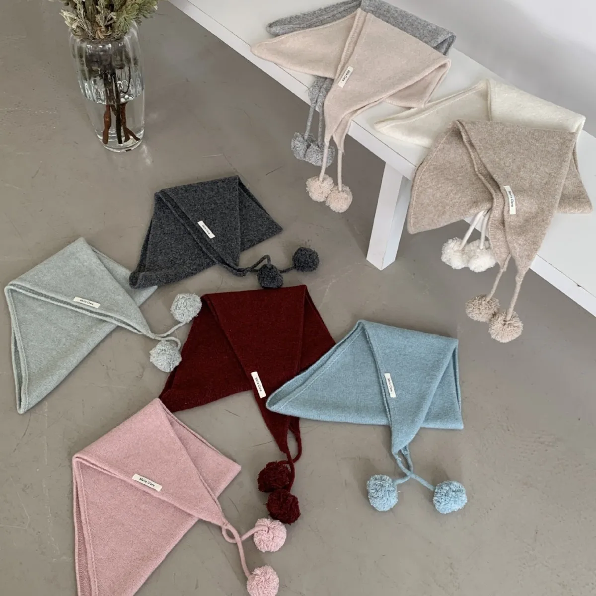 2025 New Autumn and Winter High-Grade Hat Scarf Red Knitted Shawl Women's Warm Ball Scarf Triangular Binder Solid Scarf
