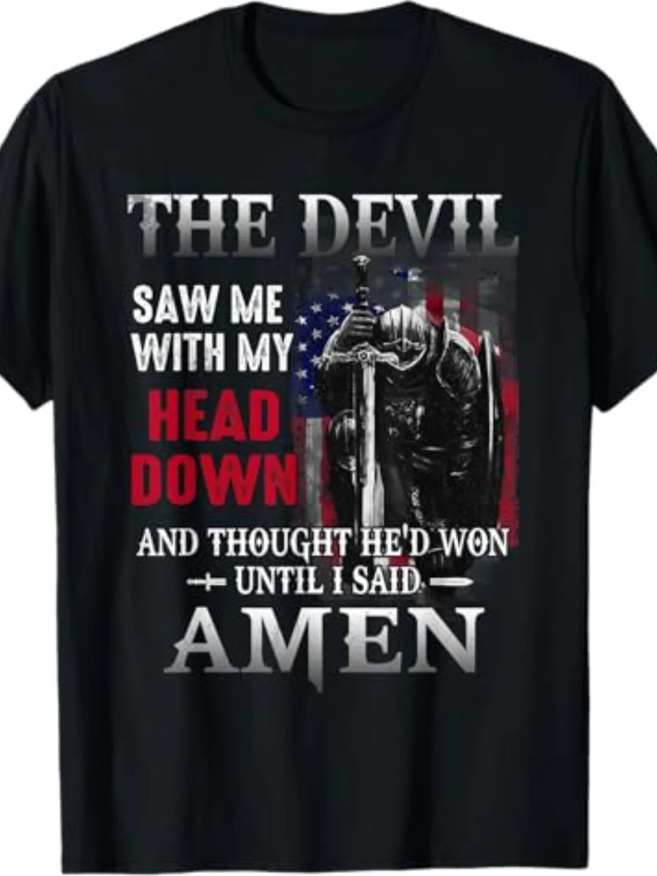 Devil Saw Me with My Head Thought He'd Won Until I Said Amen T-Shirt | Casual Crew Neck Short Sleeve Tee, 100% Fabric, Slight Stretch, Summer Fashion Top, Regular Fit