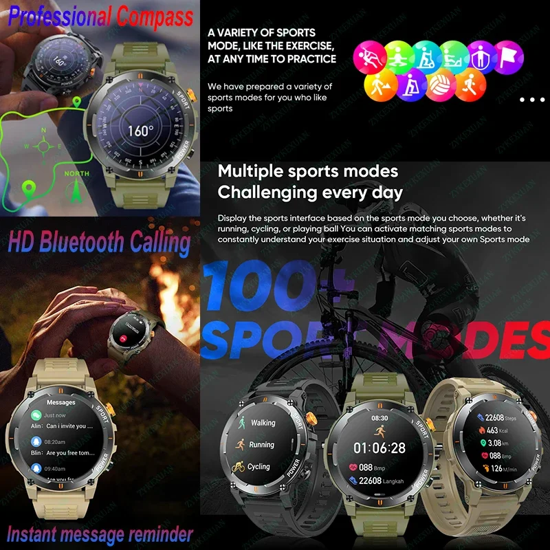 2024 New Men's Outdoor Sports Smartwatch - with Flashlight & Compass. Heart Rate Monitor Bluetooth Call. Waterproof Stylish Tech
