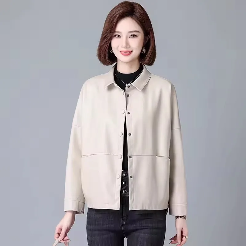 새로운 여성 캐주얼 느슨한 가죽 자켓 봄 가을 패션 턴 다운 칼라 싱글 브레스트 짧은 가죽 오토바이 자켓