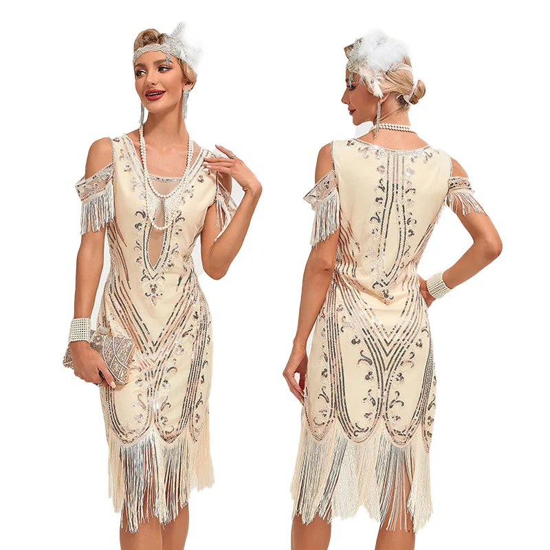 1920er Jahre Retro Abschluss ball bestickt Quaste Kleid große Gatsby Flapper Cocktail Party große Hochzeit Pailletten Perlen Mesh Kleid