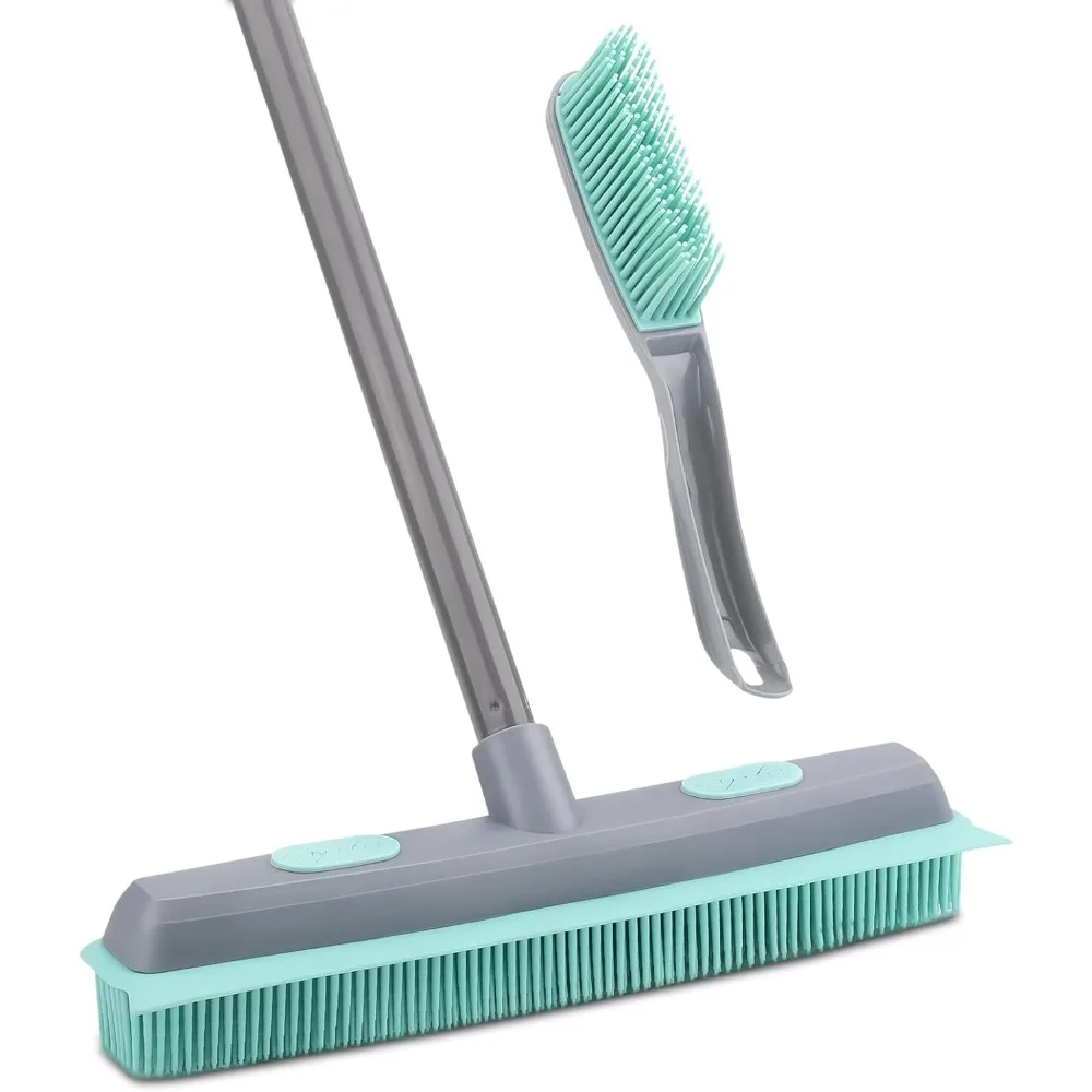 

Rubber Broom & Carpet Rake Pet Hair Remover with Squeegee, Portable Lint Remover Brush with Sturdy Iron Handle