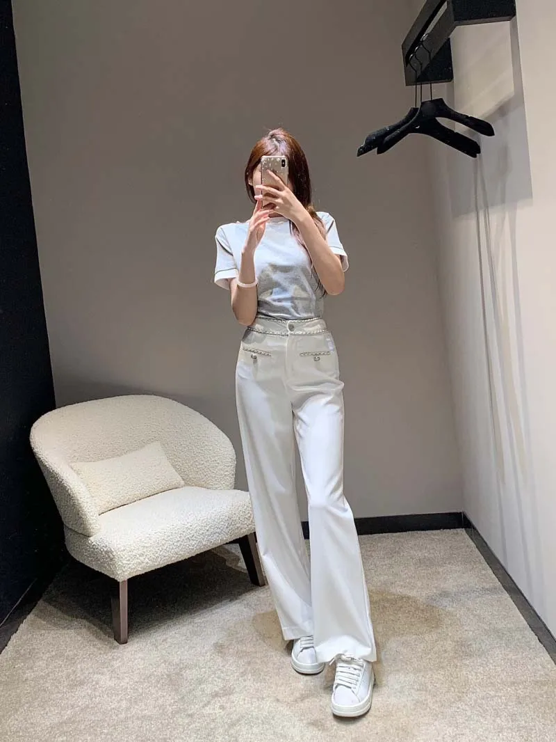 

Casual style women's pants, fashionable and elegant temperament, slimming waist, metal chain, mid high waist straight leg pants