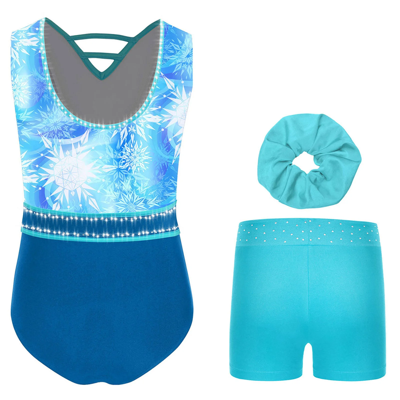 

Kids Girls Shiny Printed Rhythmic Gymnastics Leotards Ballet Dance Bodysuit+Shorts Set Skating Ballet Jersey Unitard Dancewear