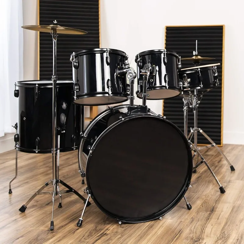 5-Piece Full Size Complete Adult Drum Set w/Cymbal Stands, Stool, Drum Pedal, Sticks, Floor Tom (Black)