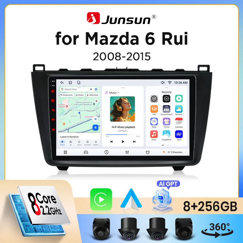 Autoradio Junsun sans fil CarPlay Android Auto pour Mazda 6 Mk2 (GH) 2007-2012 avec ventilateur de refroidissement intégré, navigation GPS Android, lecteur multimédia, WiFi, DSP, RDS, BT, SWC, écran tactile IPS, autoradio, lecteur vidéo, unité principale, stéréo