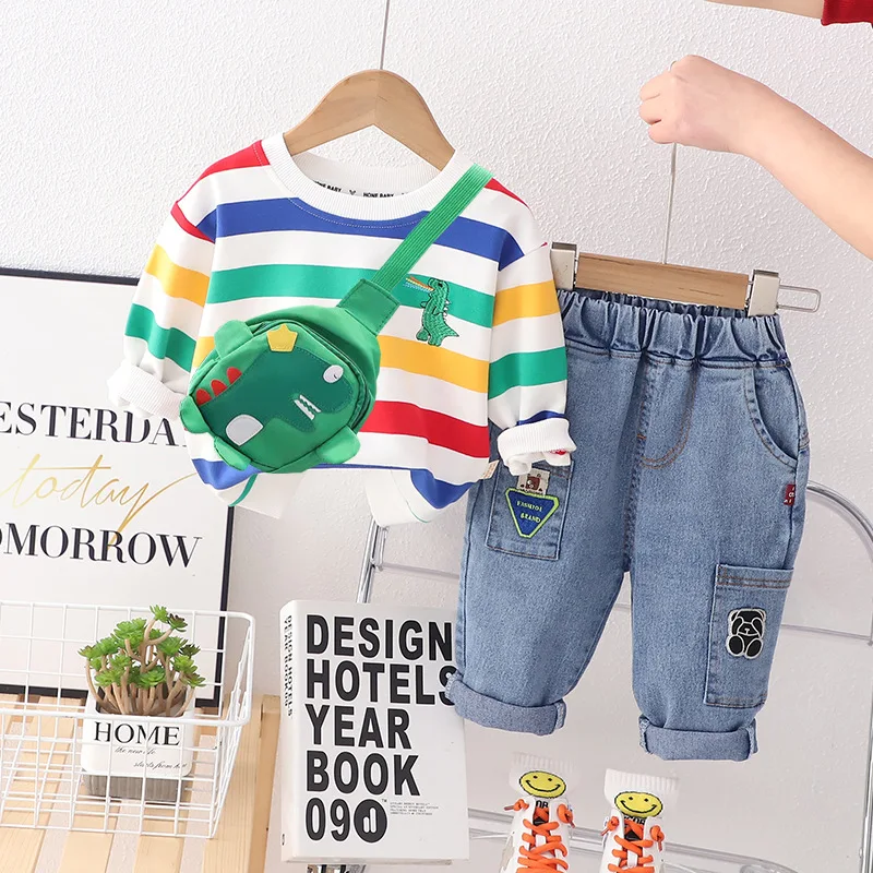 

Unisex Children's Set Spring Autumn Stripe Round Neck Sweater Jeans With Bag Suit 2023 Kids Clothing Baby Boy Girl 3pcs Outfits