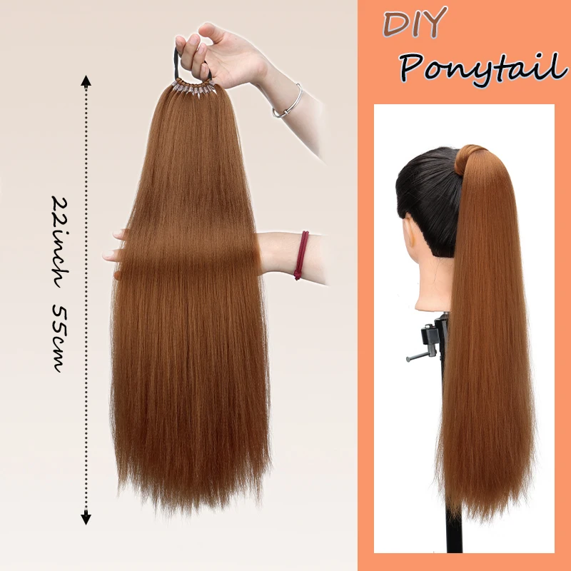 WIGSIN 22Inch Synthetic Long Straight Ponytail Hair Extension Elastic Band Braided Ponytail Black Brown Hairpiece for Women