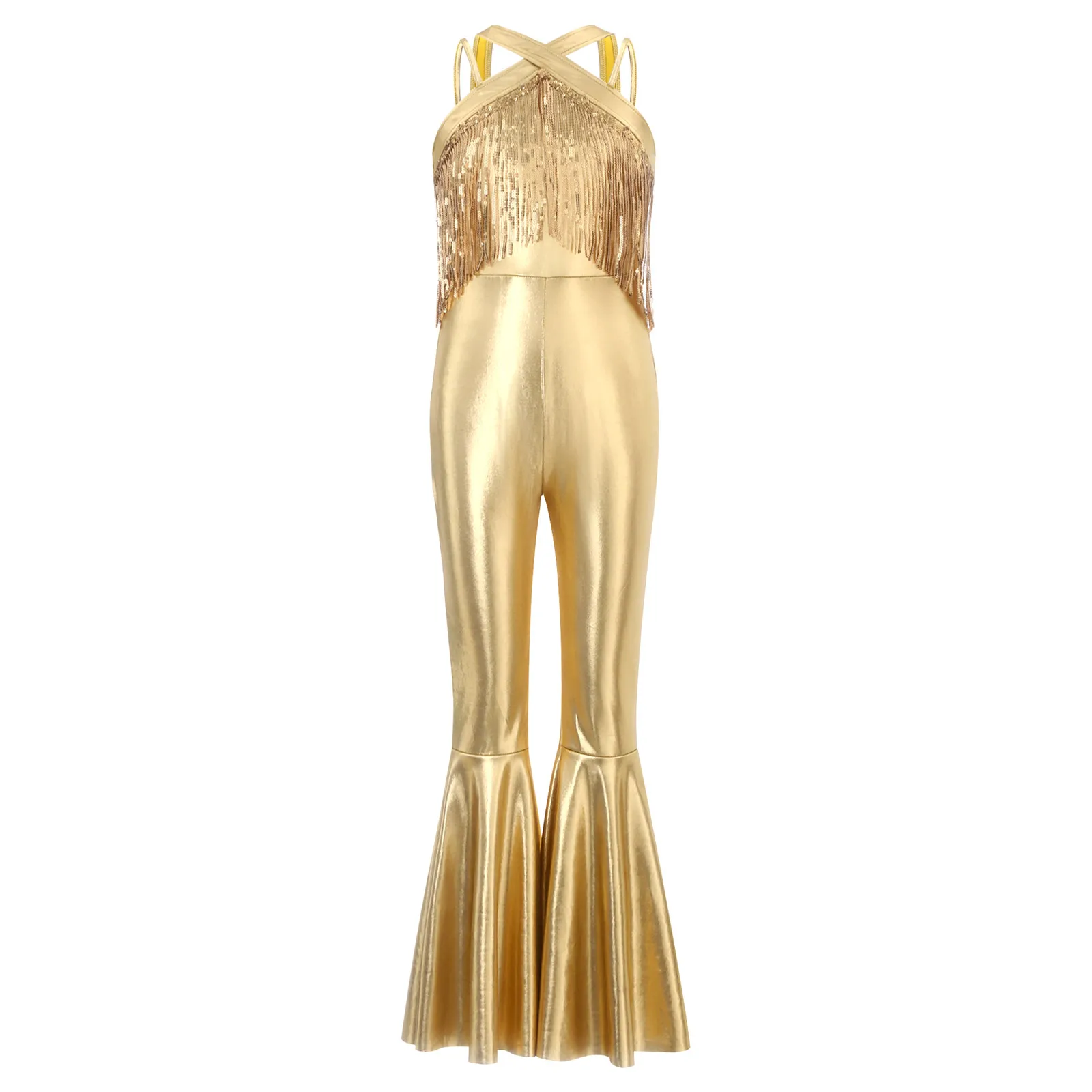 Kids Girls Metallic Jumpsuit Shiny Sequins 70S Disco Flared Bodysuit Tassels Hippie Costume Sleeveless Prom Romper Performance