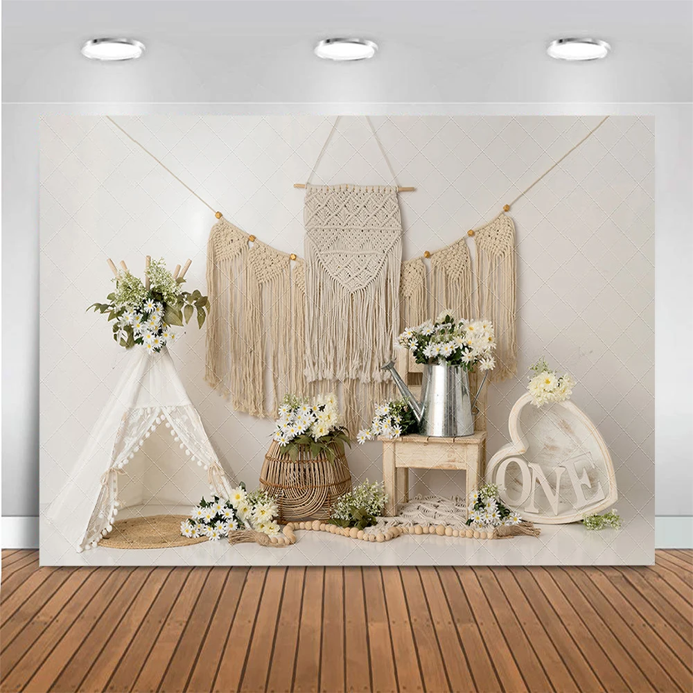 Bohemian Poise Photo Background Kids Birthday Cake Smash Photography Backdrop White Tent Tassels Flowers Photo Studio Props