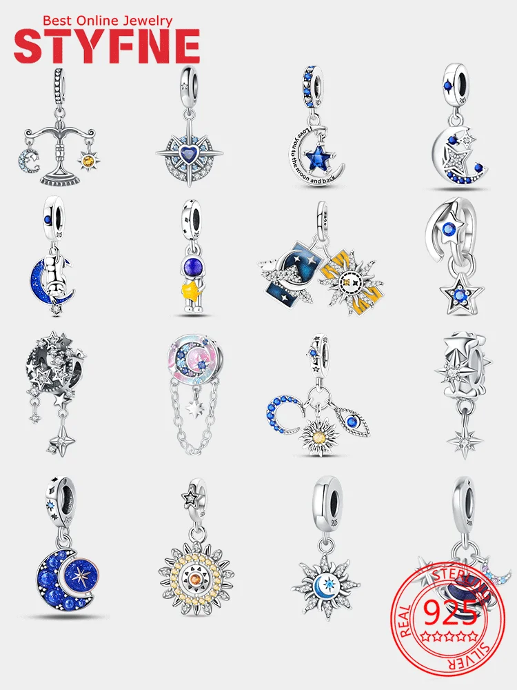 

925 Silver Zircon Sun Moon Star Astronaut Charms Beads Pendant Fit Diy Original Bracelet Necklace Fine Jewelry Birthday Gift