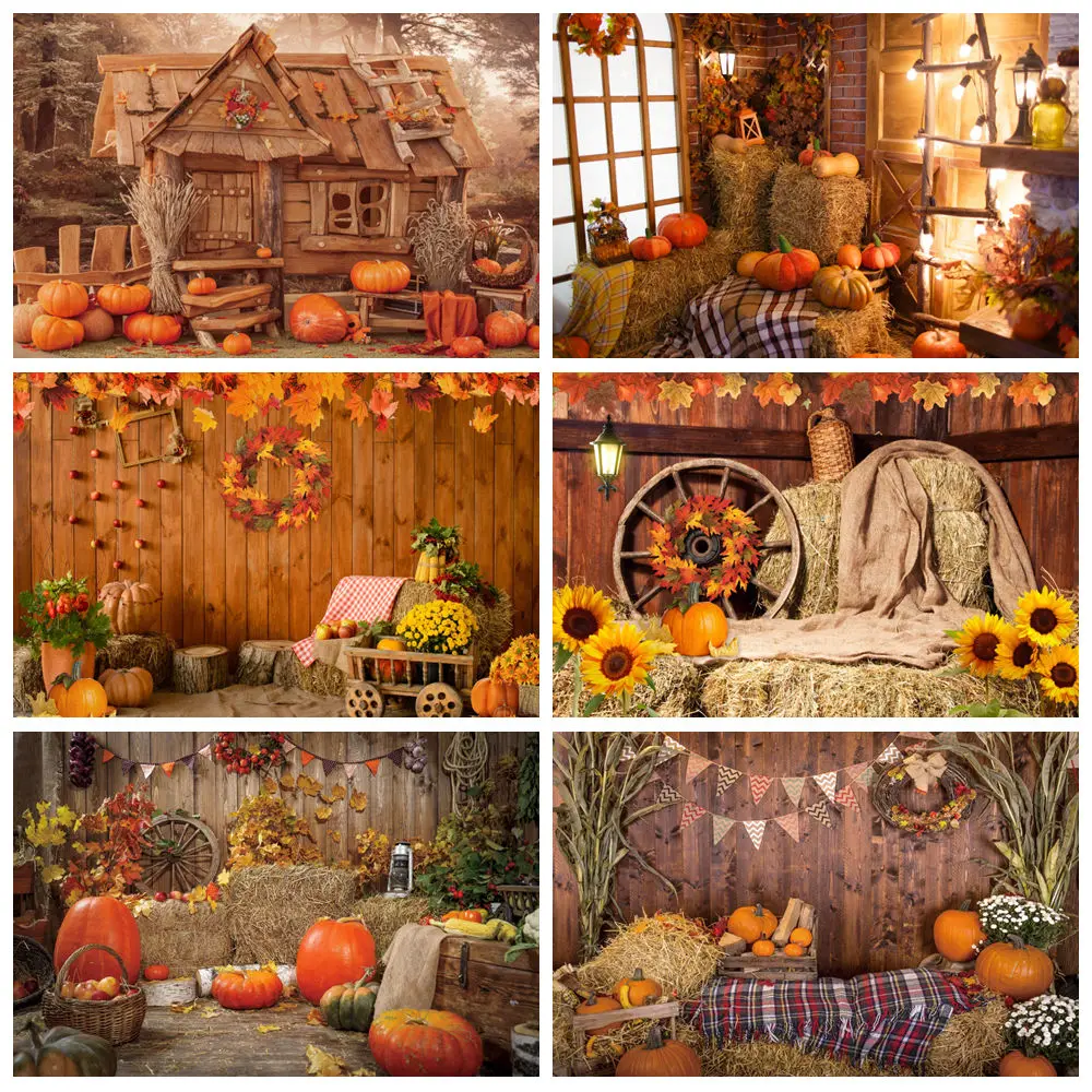 Autumn Country Warehouse Backdrop Fall Harvest Farm Barn Pumpkin Haystack Kids Baby Portrait Photography Background Photo Studio