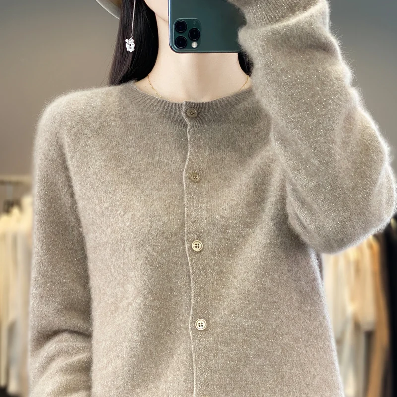 Women's Cardigan Sweater Round Neck Pullover Long Sleeved Loose Fitting Gold Silver Yarn 100% Wool Sweater 2023 AutumnWinter New