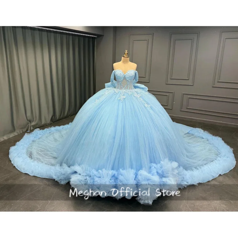 

Blue Quinceanera Dresses Ball Gown Off The Shoulder Appliques Beaded Sweet 16 Dresses 15 Años Mexican Customized