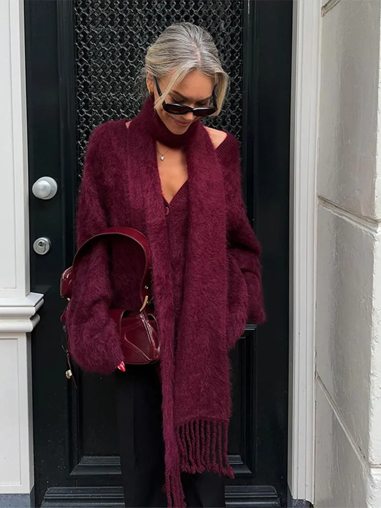 ﻿ Elegant Burgundy Scarf Collar Mohair Knit Cardigan Women Chic Single Breasted Long Sleeve Sweater Ladies 2024 Casual Knitwear