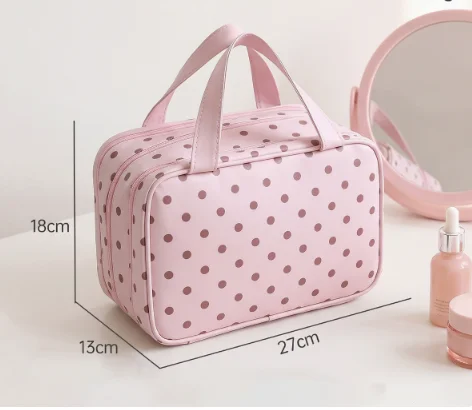 Simple Polka Dot 3-Layer Cosmetic Bag, Partitioned Skincare & Makeup Storage, Portable Handheld Travel Toiletry Bag for Business