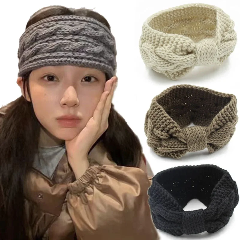 

Вязаная повязка для волос с бантом, женская повязка на голову с галстуком-бабочкой, тюрбан, осень-зима, теплый ветрозащитный обруч для волос, аксессуары для повязки на голову