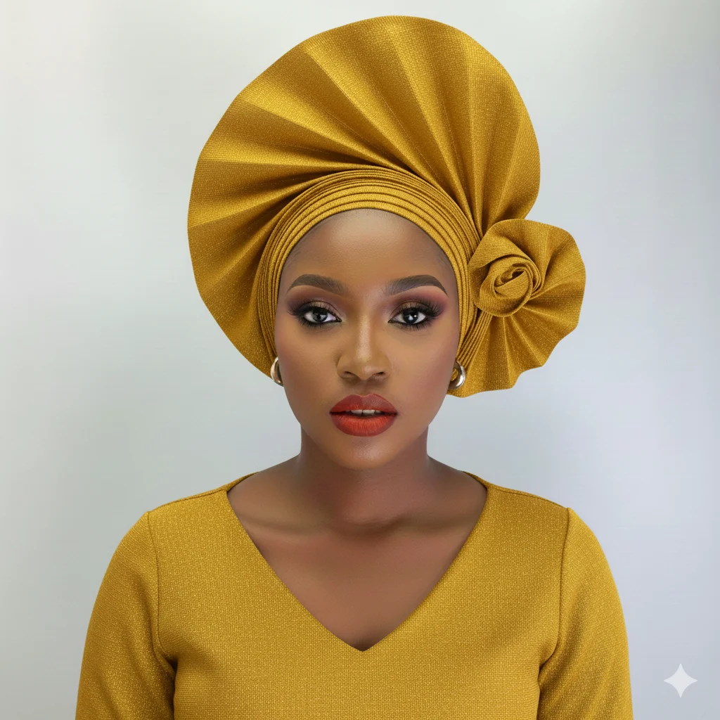 

Gold African Headtie Gele Auto Headwear Women's Turbans Wraps, Already Made Sego Headtie