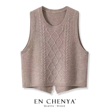 Nowa damska kamizelka z okrągłym dekoltem ze 100% czystej wełny elegancka kamizelka smokingowa jesienno-zimowa bez rękawów kamizelka DIY luźny krótki sweter z dzianiny z rozcięciem