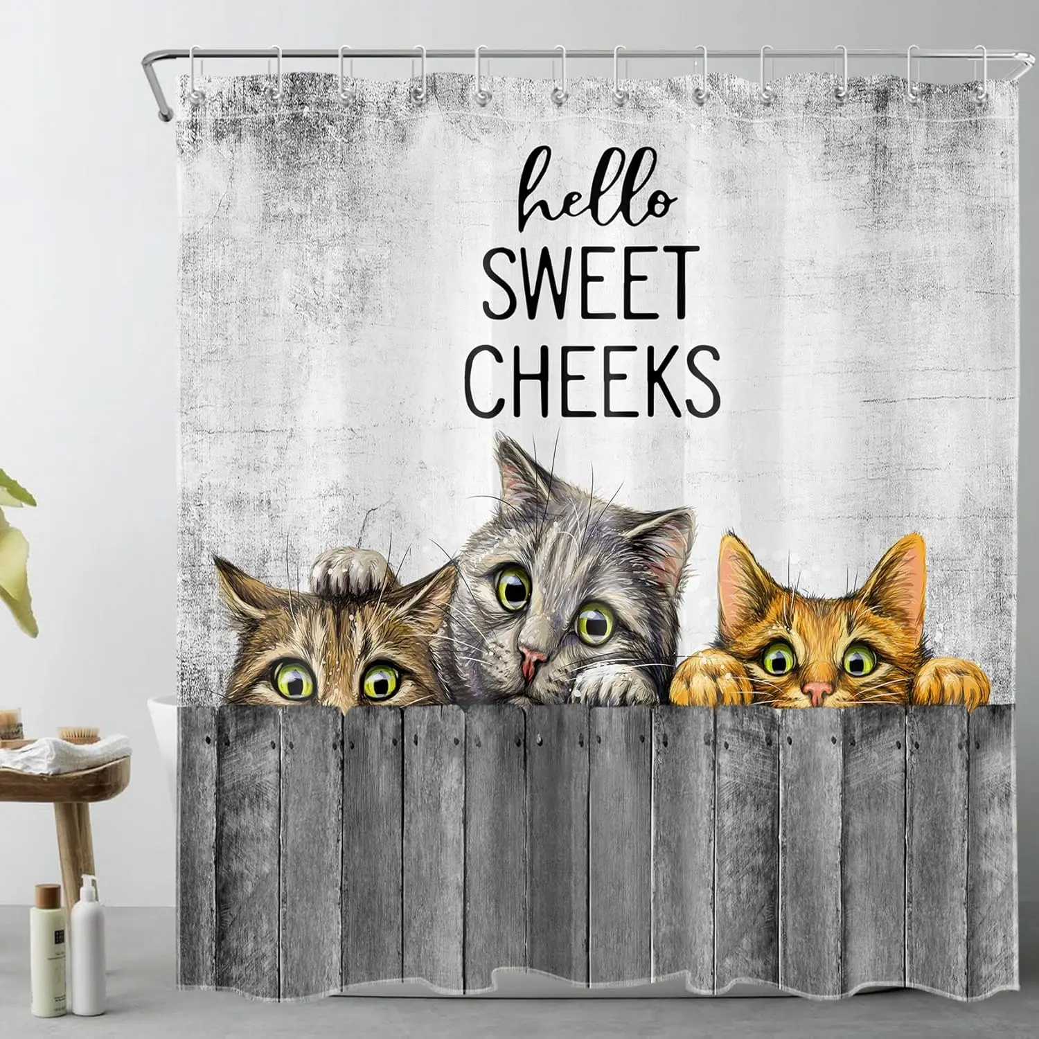 

Cat Shower Curtain, Cute Funny Animal Cat Shower Curtains for Bathroom Hello Sweet Cheeks Farmhouse Bathroom Decor with Hooks